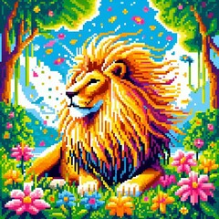 Pixel art of a lion standing in a grassy field with a castle silhouette in the background.	