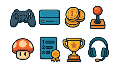 Colorful gaming icons set – controller, console, coins, joystick, mushroom, list, trophy, headset