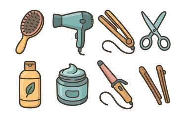 Essential hair styling tools icons set – hairdryer, brush, scissors, straightener, gel
