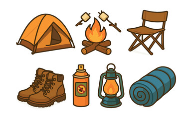 Camping essentials icons set – tent, campfire, marshmallows, boots, lantern, sleeping bag