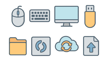 Essential digital icons set &ndash; mouse, keyboard, monitor, usb, folder, sync, cloud, upload