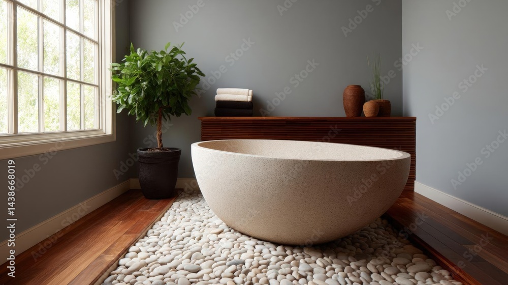 Poster modern bathroom with a large window on the left side. the window has white frames and is letting in 