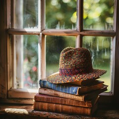 A colorful straw hat sitting on a wooden shelf beside a stack of vintage books, with natural light streaming through an open window.