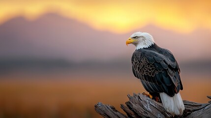 Fototapeta premium Bald Eagle on Dead Tree Branch at Sunset with Mountains