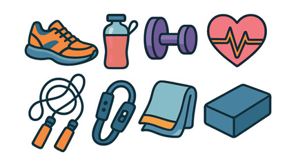 Fitness essentials icons set – shoe, bottle, dumbbell, heartbeat, rope, band, towel, block