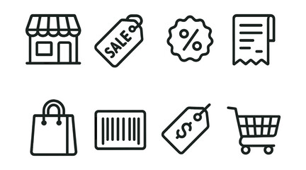 Essential shopping icons set – store, sale, discount, receipt, bag, barcode, price tag, cart