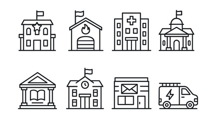 Linear public service icons set – police, fire station, hospital, government, library, school, post, ambulance