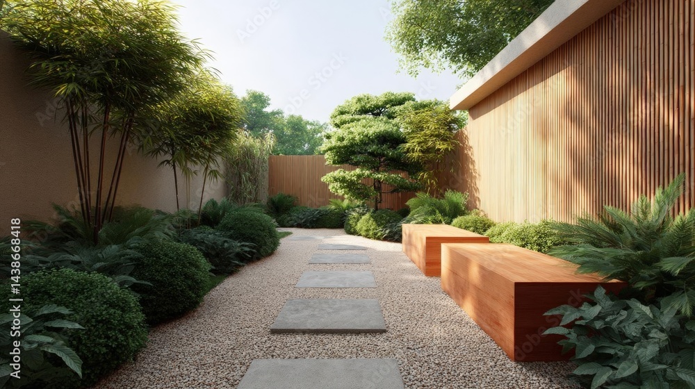 Poster beautiful garden with a gravel path winding through it. the path is made of small pebbles and is sur