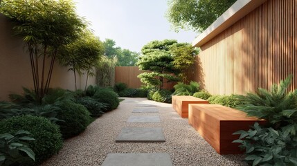 Obraz premium Beautiful garden with a gravel path winding through it. the path is made of small pebbles and is surrounded by various plants and trees.