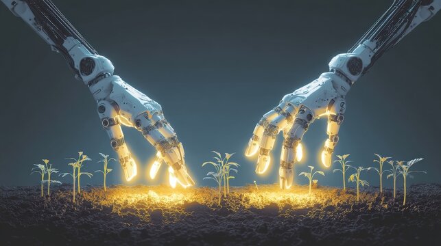 Robotic Hands Cultivating Glowing Plants in Futuristic Agriculture