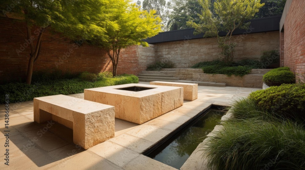 Poster modern garden with a small pond in the center. the pond is made of concrete and has a rectangular sh