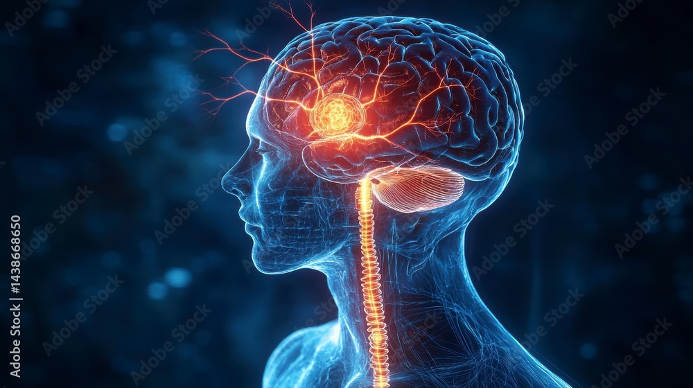 Poster 3d rendering of human head and brain with highlighted area.