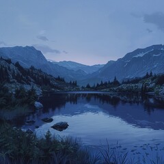 A cool, shaded mountain lake with the sky above transitioning from dark blue to lighter shades, creating a peaceful and relaxing atmosphere.