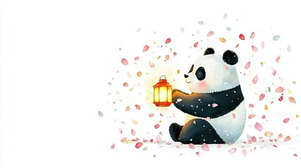  A panda bear holds a lantern as confetti falls gracefully around it, landing softly on the ground below