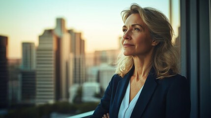 Fototapeta premium Confident professional woman gazing thoughtfully at city skyline during sunset, reflecting on future opportunities and aspirations in urban environment