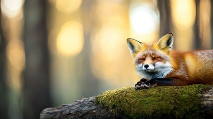 Fototapeta premium A red fox rests atop a mossy log in the heart of the forest with its eyes shut