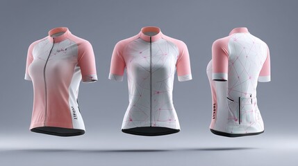 Womens cycling jersey mockup in front side back views 3D rendering for sport outfit design presentation