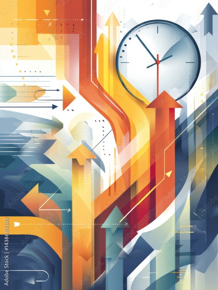 Poster concept of productivity illustrated through a clock and dynamic arrows moving forward in an abstract