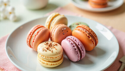 Obraz premium Colorful macarons arranged on a white plate with soft background 
