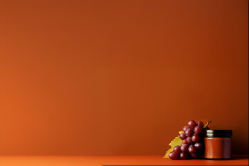 Crème de beauté au raisin posée à côté de grappes de raisins rouges sur fond orange uni avec espace négatif copyspace, cosmétique naturel, soin de la peau à base de fruits, concept automnal.
