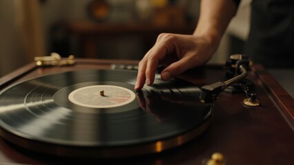 Obraz premium A close-up of a vintage wooden turntable with brass accents, playing a vinyl record. A hand carefully places the needle onto the spinning record, highlighting the warmth and nostalgia of analog music.