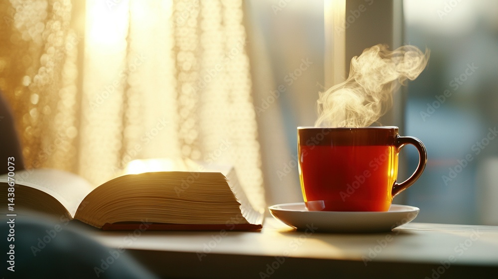 Poster a cup of coffee and an open book on a table near a window, with sunlight filtering through the curta