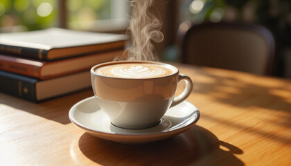 Obraz premium hot coffee steam rising on a wooden table with books 
