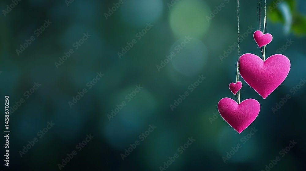 Poster a pair of pink hearts dangle from a string beside a green foliage tree against a hazy backdrop