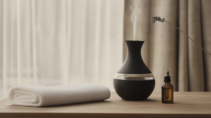 Elegant black aromatherapy diffuser releasing soothing mist beside neatly rolled white towel and essential oil bottle creating a tranquil spa atmosphere for relaxation and wellness