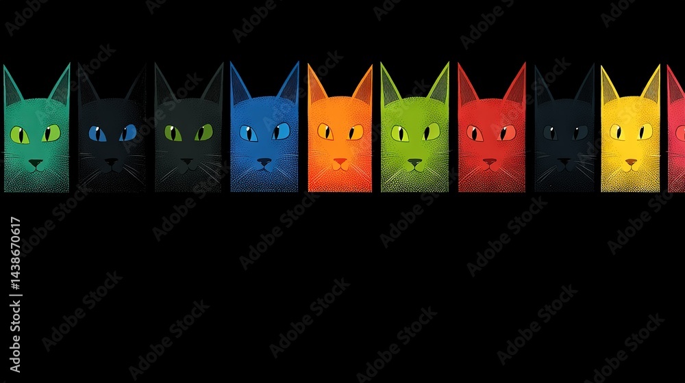 Poster multicolored cats on a black background with pointed cat heads