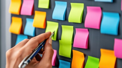 Fototapeta premium Close-up of Hand Writing on Colorful Sticky Notes on a Dark Background