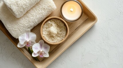 Relaxing spa tray featuring soft towels, aromatic candle, natural salt scrub, and delicate orchids creating a serene atmosphere for self-care and rejuvenation experience