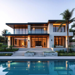 modern luxury villa exterior with big swimming pool