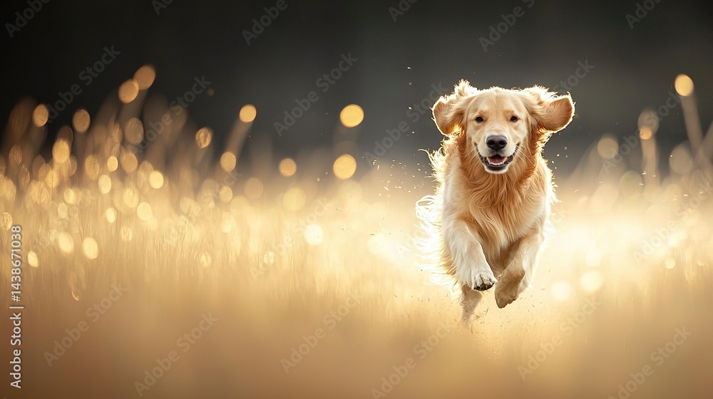 Poster running dog in green field with hazy face
