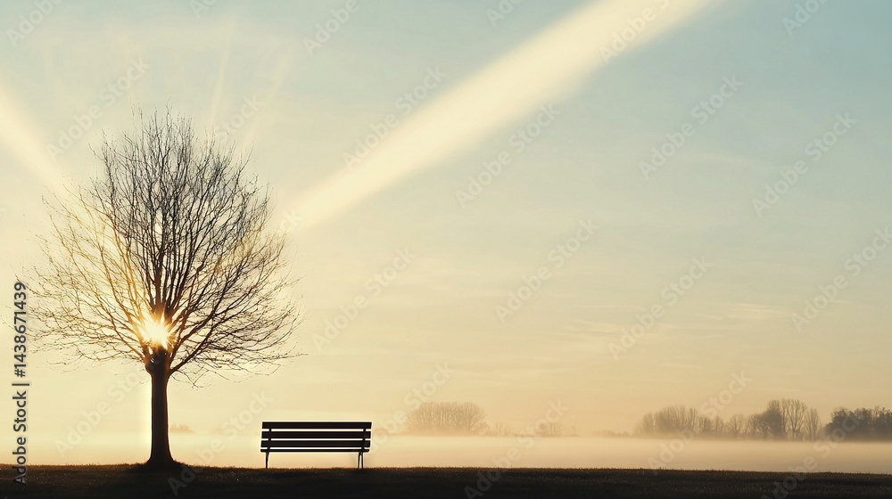 Poster a bench under a tree with a light beam emanating from its top
