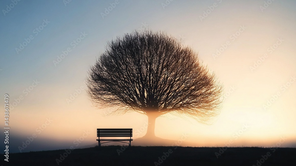 Poster a lone bench beneath a foggy tree in a field with a solitary tree in the foreground and the sun behi