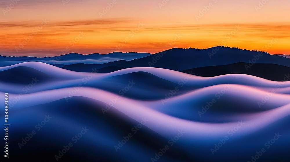 Poster sunset view of mountain range with wave-like pattern in foreground and distant mountains in backgrou