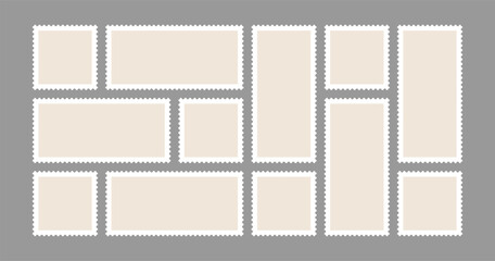 Post stamp vector set. Postcard corner delivery mark. Perforated border and rectangular square shape label. Scrapbook travel sticker, Vintage mail envelope seal. Retro shipping package postage clipart
