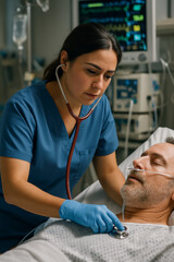 nurse performing a assessment at the bedside