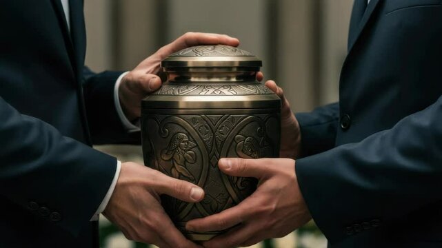 Two men sharing a decorative urn during a solemn ceremony  