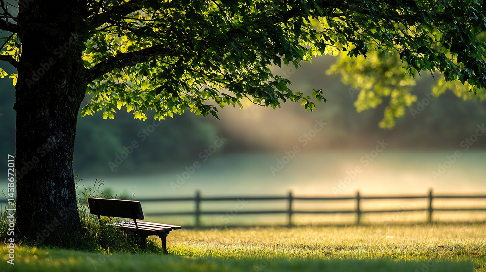 Poster a park bench adjacent to a tree amidst a verdant meadow with a hazy sky backdrop