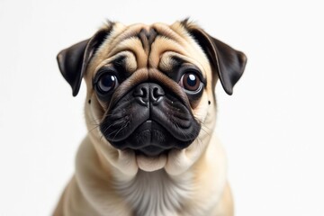 One charming pug, against pure white backdrop , front view, portrait