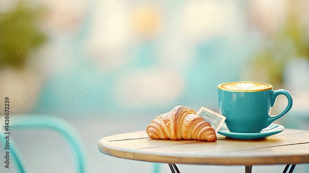 Poster a coffee and a croissant rest on a table against a hazy backdrop