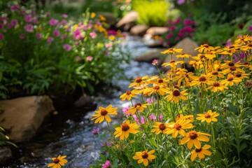 Obraz premium Rustic garden with flowing water and colorful flowers