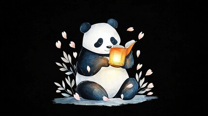  A painting of a panda holding a book, a lit candle and sitting on the ground