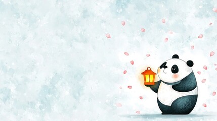   A panda bear holds a lantern in its paws, standing before a blue backdrop with pink blossoms