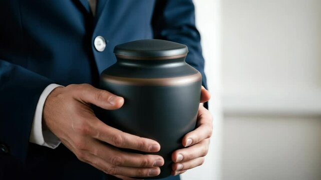 Person holding a black urn with reverence in a solemn environment  
