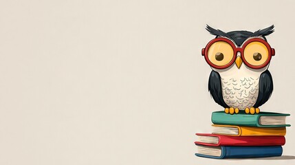 Obraz premium An owl perched atop a mound of books, donning spectacles upon its head