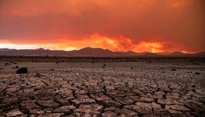 Desolate cracked volcanic ground stretching toward distant mountains with orange and red sky