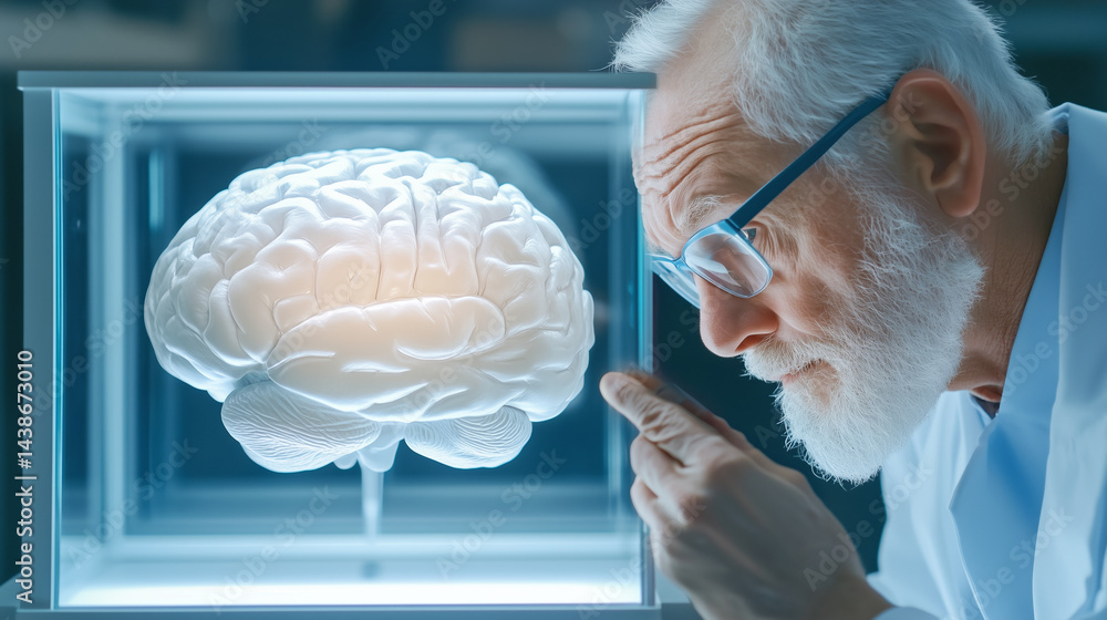 Poster an elderly scientist with glasses closely observes a transparent display case containing a realistic